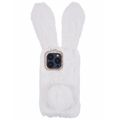For iPhone 15 Pro Fluffy 3D Bunny Ears Cover Winter Warm Soft TPU Phone Case