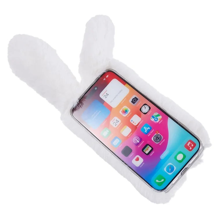 For iPhone 15 Pro Fluffy 3D Bunny Ears Cover Winter Warm Soft TPU Phone Case