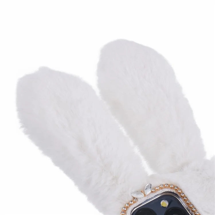 For iPhone 15 Pro Fluffy 3D Bunny Ears Cover Winter Warm Soft TPU Phone Case