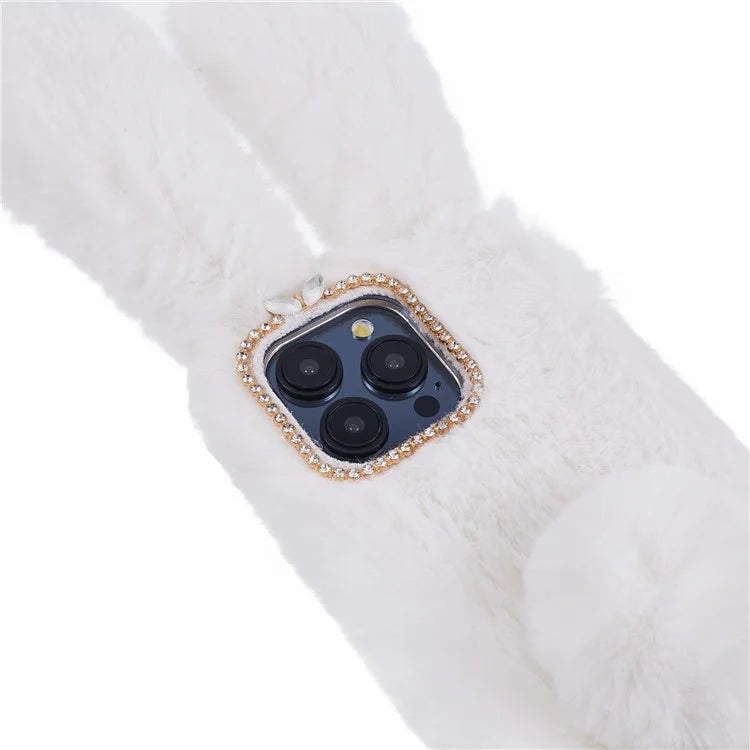 For iPhone 15 Pro Fluffy 3D Bunny Ears Cover Winter Warm Soft TPU Phone Case