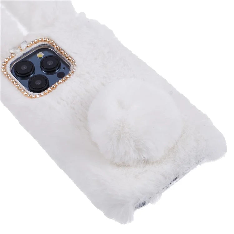 For iPhone 15 Pro Fluffy 3D Bunny Ears Cover Winter Warm Soft TPU Phone Case