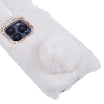 For iPhone 15 Pro Fluffy 3D Bunny Ears Cover Winter Warm Soft TPU Phone Case
