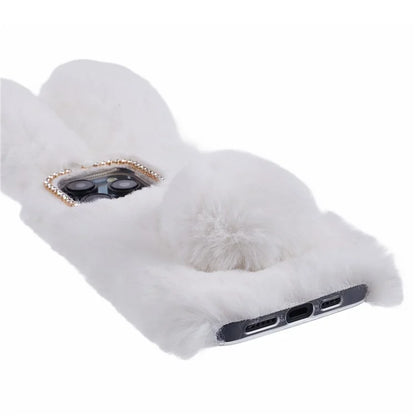For iPhone 15 Pro Fluffy 3D Bunny Ears Cover Winter Warm Soft TPU Phone Case