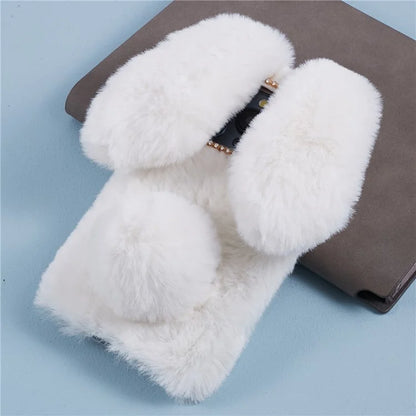 For iPhone 15 Pro Fluffy 3D Bunny Ears Cover Winter Warm Soft TPU Phone Case