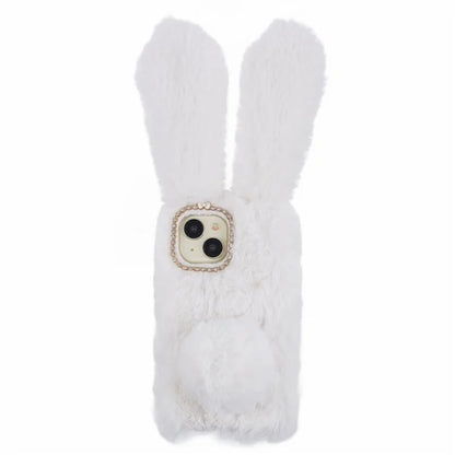 For iPhone 15 Fluffy Bunny Ear Case Flexible TPU Protective Phone Cover