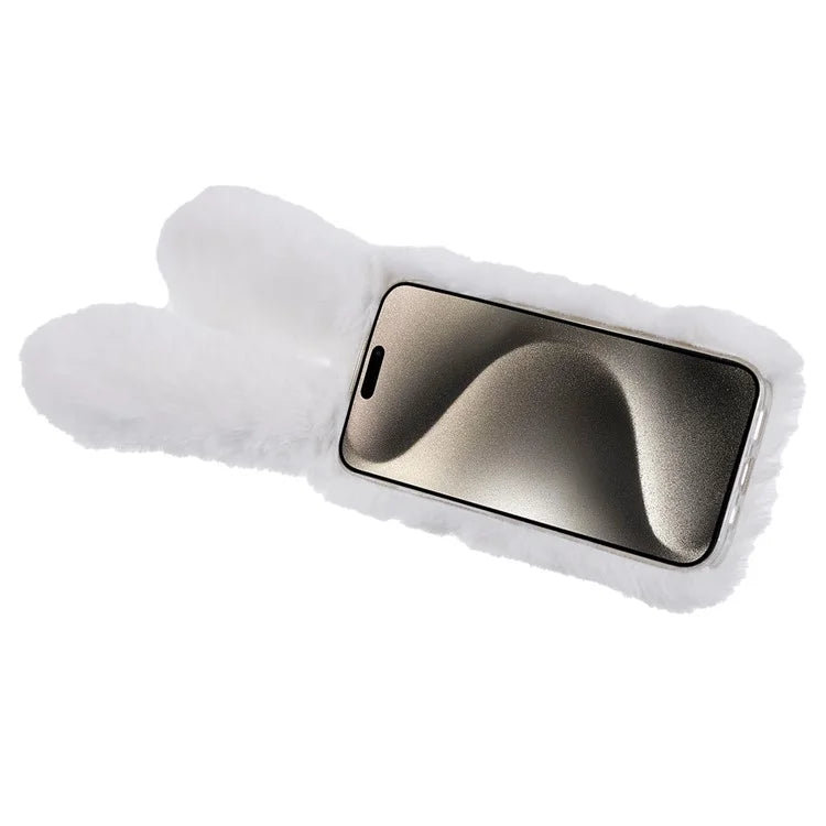 For iPhone 15 Fluffy Bunny Ear Case Flexible TPU Protective Phone Cover