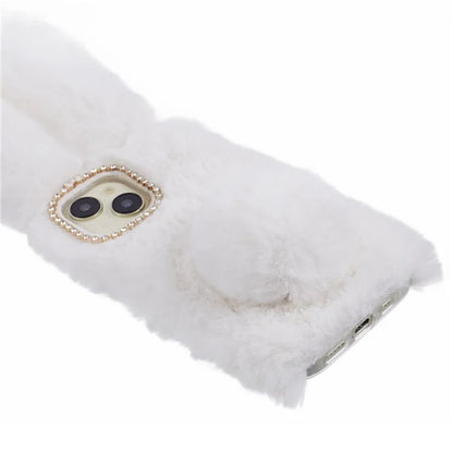 For iPhone 15 Fluffy Bunny Ear Case Flexible TPU Protective Phone Cover