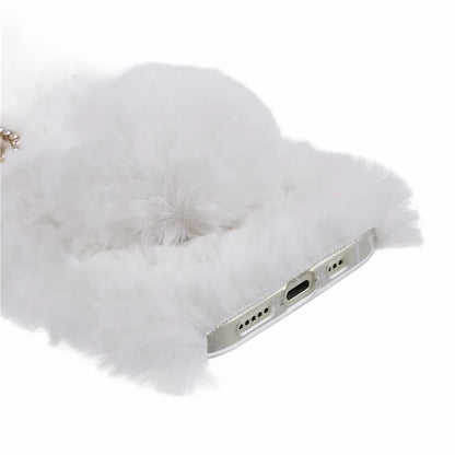 For iPhone 15 Fluffy Bunny Ear Case Flexible TPU Protective Phone Cover