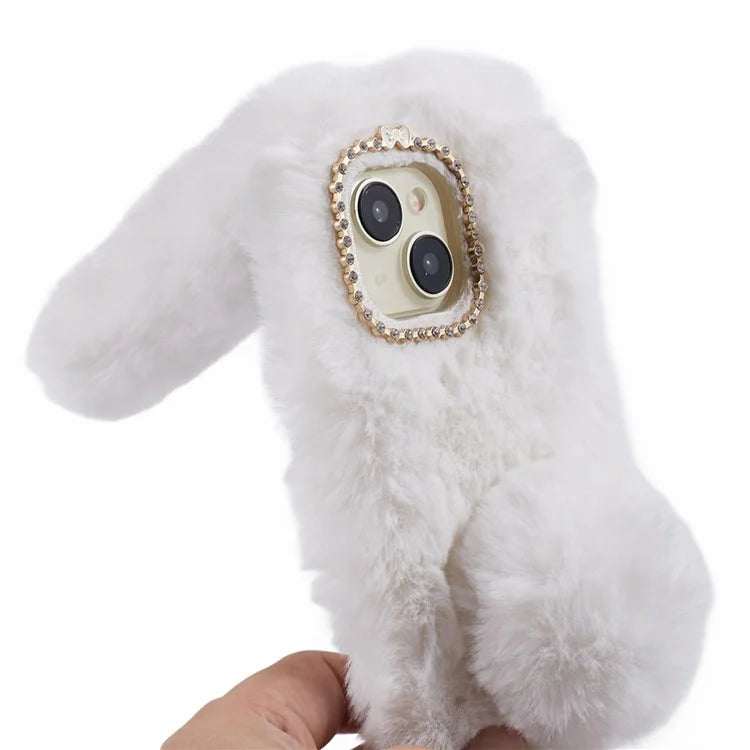For iPhone 15 Fluffy Bunny Ear Case Flexible TPU Protective Phone Cover