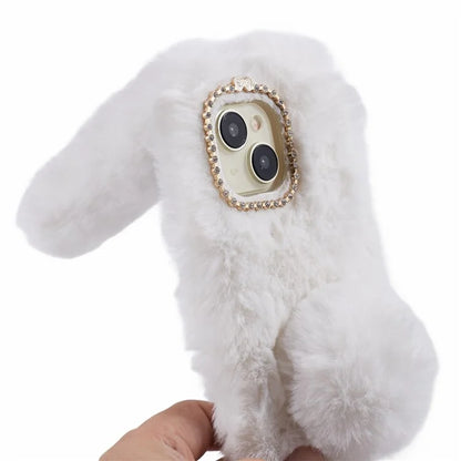 For iPhone 15 Fluffy Bunny Ear Case Flexible TPU Protective Phone Cover