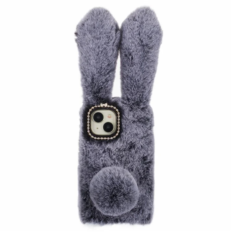 For iPhone 15 Fluffy Bunny Ear Case Flexible TPU Protective Phone Cover