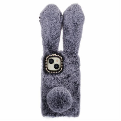 For iPhone 15 Fluffy Bunny Ear Case Flexible TPU Protective Phone Cover