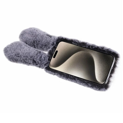 For iPhone 15 Fluffy Bunny Ear Case Flexible TPU Protective Phone Cover