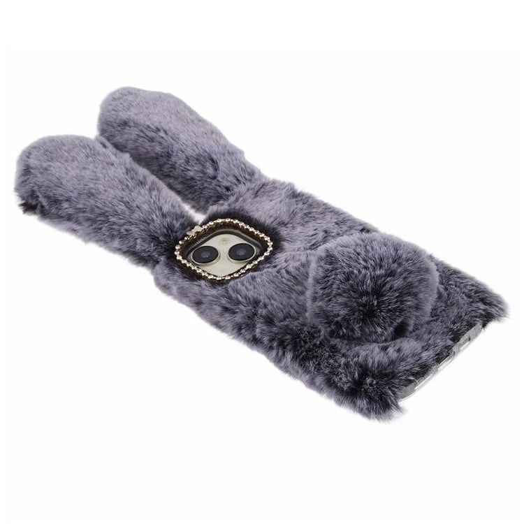 For iPhone 15 Fluffy Bunny Ear Case Flexible TPU Protective Phone Cover
