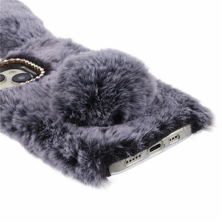For iPhone 15 Fluffy Bunny Ear Case Flexible TPU Protective Phone Cover