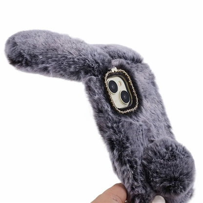 For iPhone 15 Fluffy Bunny Ear Case Flexible TPU Protective Phone Cover