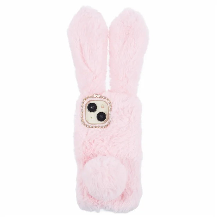 For iPhone 15 Fluffy Bunny Ear Case Flexible TPU Protective Phone Cover