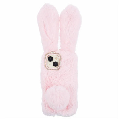 For iPhone 15 Fluffy Bunny Ear Case Flexible TPU Protective Phone Cover
