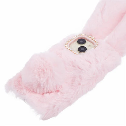 For iPhone 15 Fluffy Bunny Ear Case Flexible TPU Protective Phone Cover