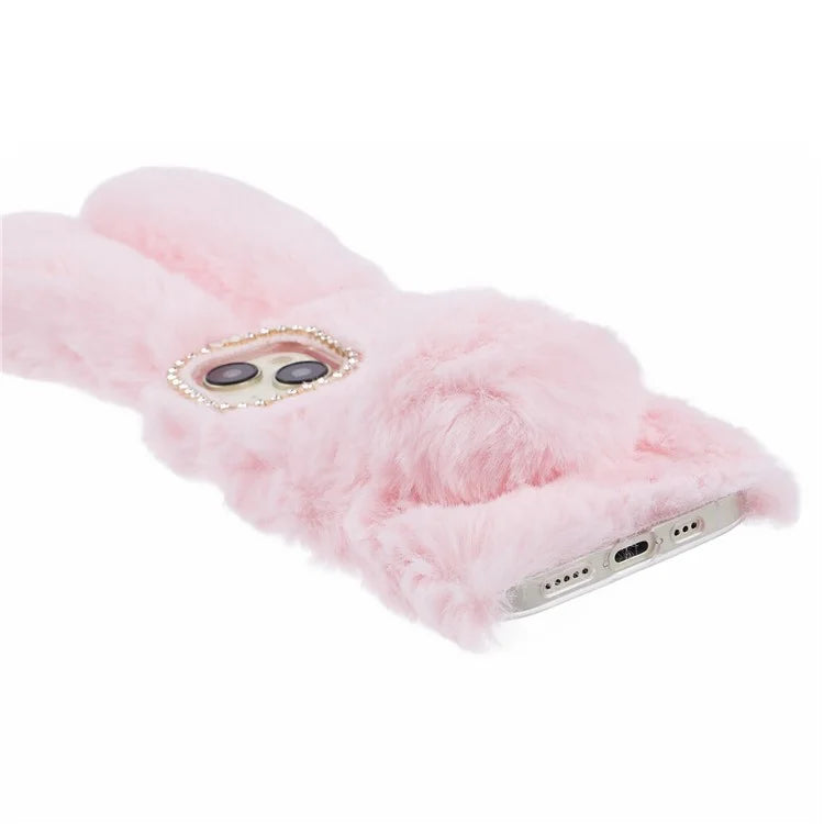For iPhone 15 Fluffy Bunny Ear Case Flexible TPU Protective Phone Cover