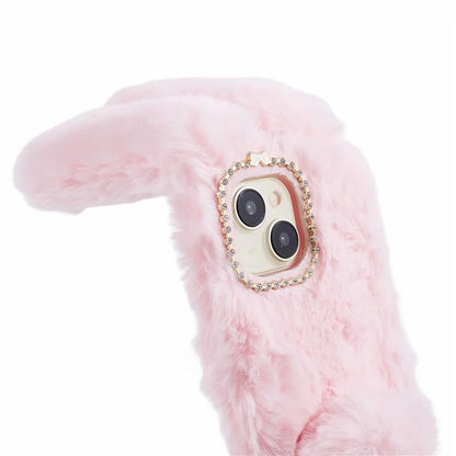 For iPhone 15 Fluffy Bunny Ear Case Flexible TPU Protective Phone Cover