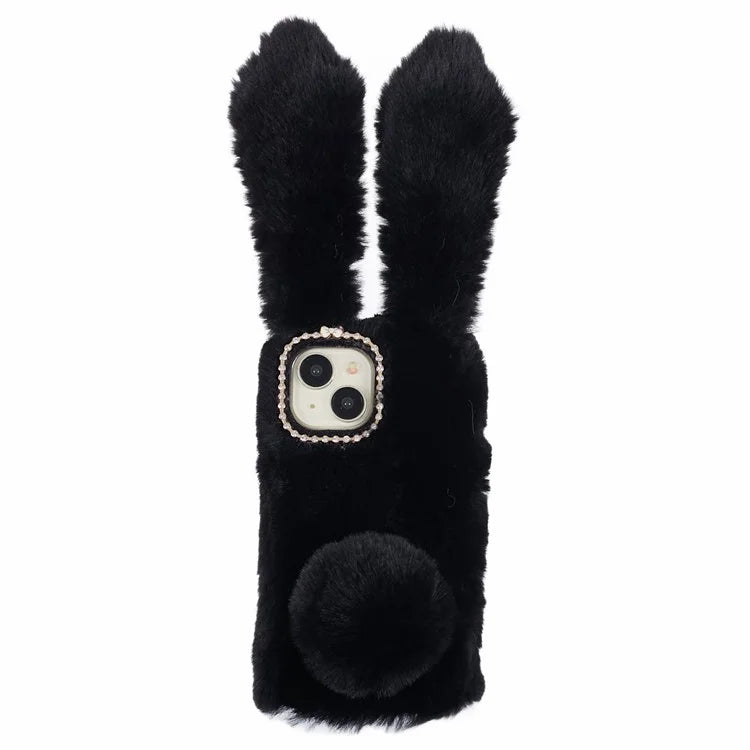 For iPhone 15 Fluffy Bunny Ear Case Flexible TPU Protective Phone Cover