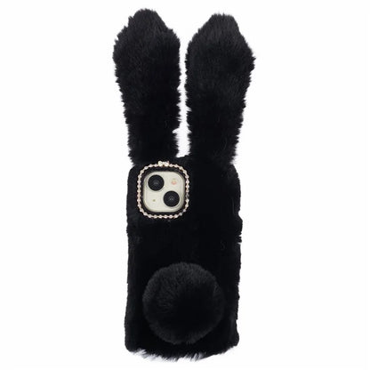 For iPhone 15 Fluffy Bunny Ear Case Flexible TPU Protective Phone Cover