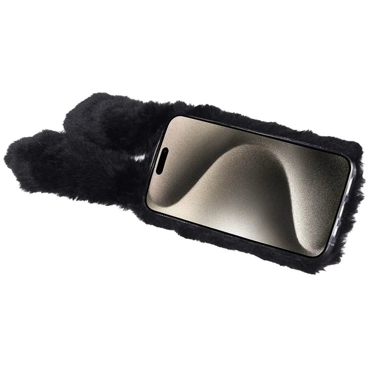 For iPhone 15 Fluffy Bunny Ear Case Flexible TPU Protective Phone Cover
