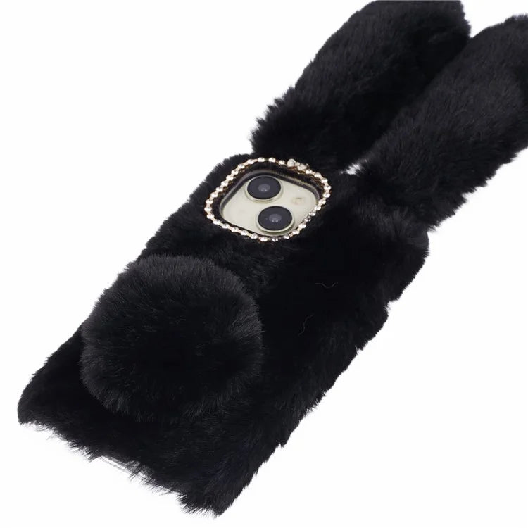 For iPhone 15 Fluffy Bunny Ear Case Flexible TPU Protective Phone Cover