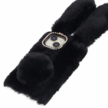 For iPhone 15 Fluffy Bunny Ear Case Flexible TPU Protective Phone Cover