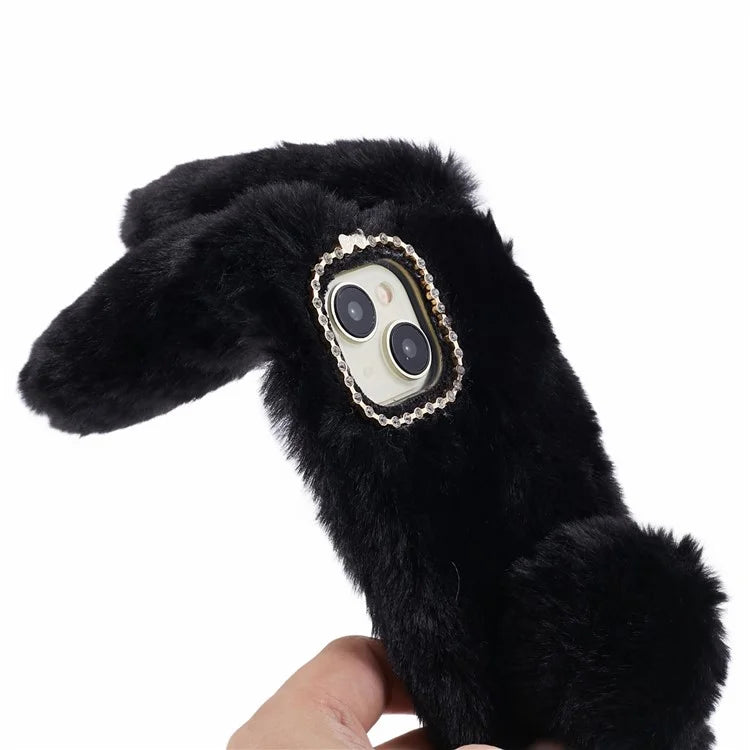 For iPhone 15 Fluffy Bunny Ear Case Flexible TPU Protective Phone Cover