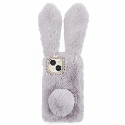 For iPhone 15 Fluffy Bunny Ear Case Flexible TPU Protective Phone Cover