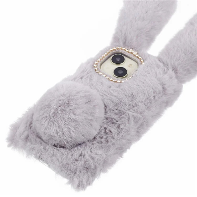 For iPhone 15 Fluffy Bunny Ear Case Flexible TPU Protective Phone Cover
