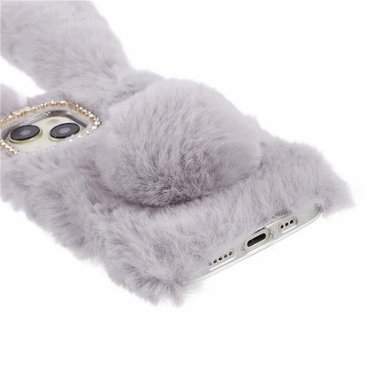 For iPhone 15 Fluffy Bunny Ear Case Flexible TPU Protective Phone Cover
