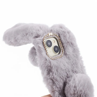 For iPhone 15 Fluffy Bunny Ear Case Flexible TPU Protective Phone Cover