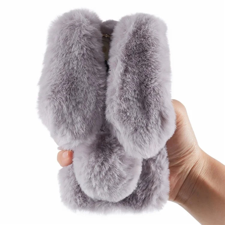 For iPhone 15 Fluffy Bunny Ear Case Flexible TPU Protective Phone Cover