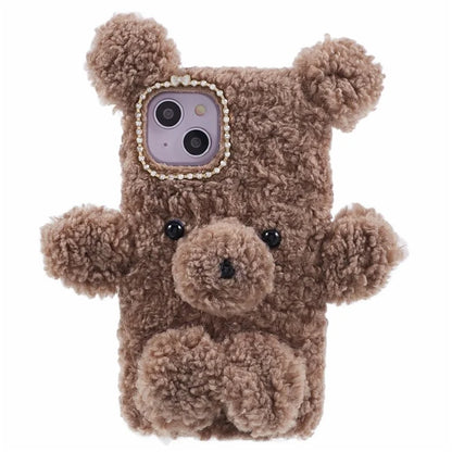 For iPhone 15 3D Bear Furry Plush Case Protective TPU Phone Cover