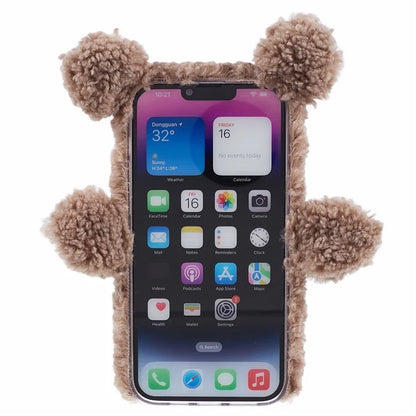 For iPhone 15 3D Bear Furry Plush Case Protective TPU Phone Cover