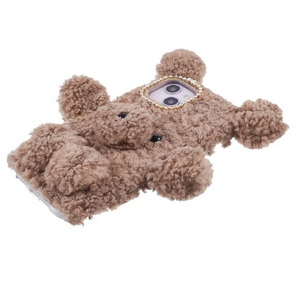 For iPhone 15 3D Bear Furry Plush Case Protective TPU Phone Cover