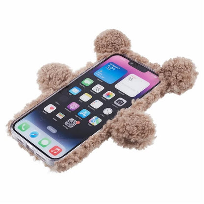 For iPhone 15 3D Bear Furry Plush Case Protective TPU Phone Cover