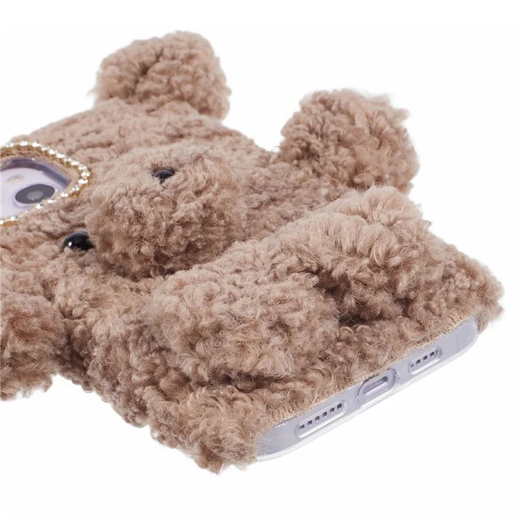 For iPhone 15 3D Bear Furry Plush Case Protective TPU Phone Cover