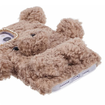 For iPhone 15 3D Bear Furry Plush Case Protective TPU Phone Cover