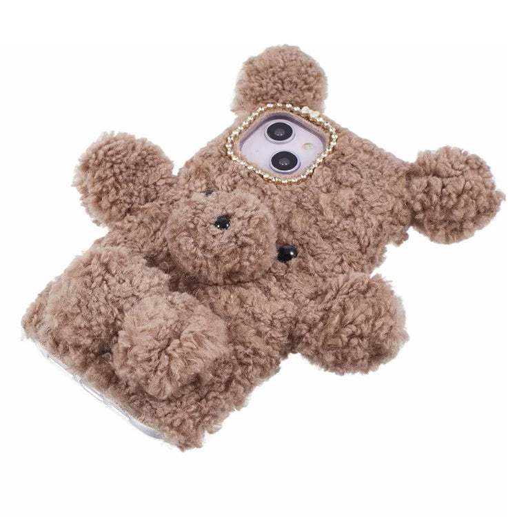 For iPhone 15 3D Bear Furry Plush Case Protective TPU Phone Cover
