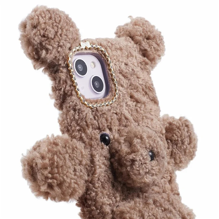 For iPhone 15 3D Bear Furry Plush Case Protective TPU Phone Cover