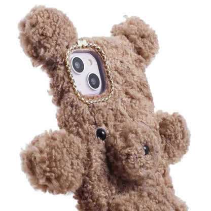 For iPhone 15 3D Bear Furry Plush Case Protective TPU Phone Cover