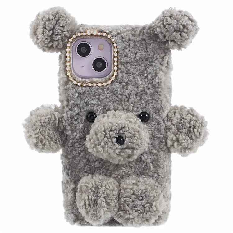For iPhone 15 3D Bear Furry Plush Case Protective TPU Phone Cover