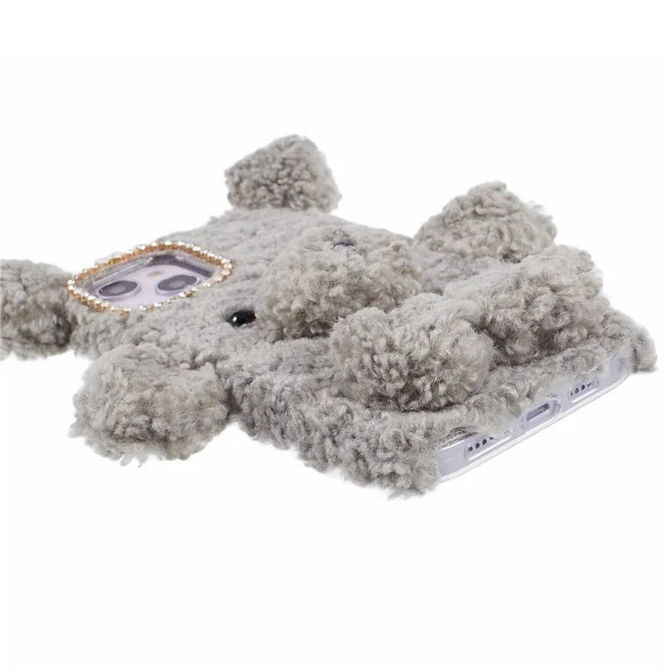 For iPhone 15 3D Bear Furry Plush Case Protective TPU Phone Cover