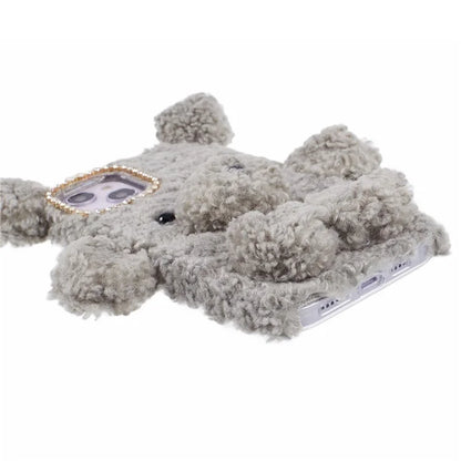 For iPhone 15 3D Bear Furry Plush Case Protective TPU Phone Cover