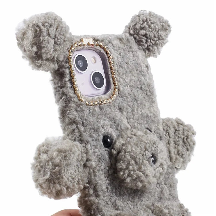 For iPhone 15 3D Bear Furry Plush Case Protective TPU Phone Cover