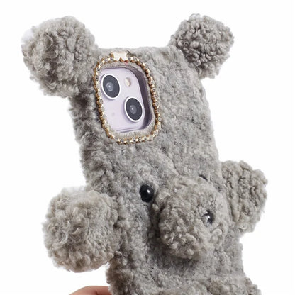 For iPhone 15 3D Bear Furry Plush Case Protective TPU Phone Cover
